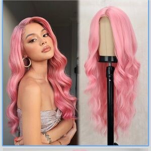 Long Pink Wig 26”Long Curly Wig Natural Synthetic Heat Resistant Wavy Wig (Pink)
